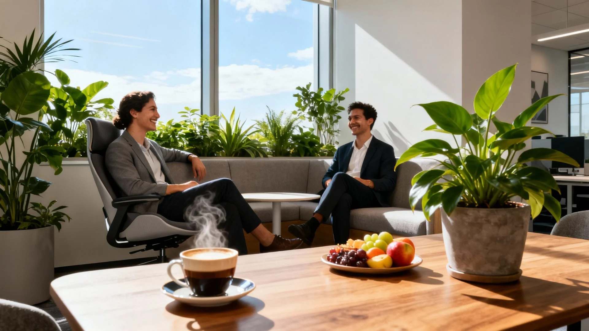 Modern workplace environment with natural lighting and ergonomic setup promoting employee wellbeing